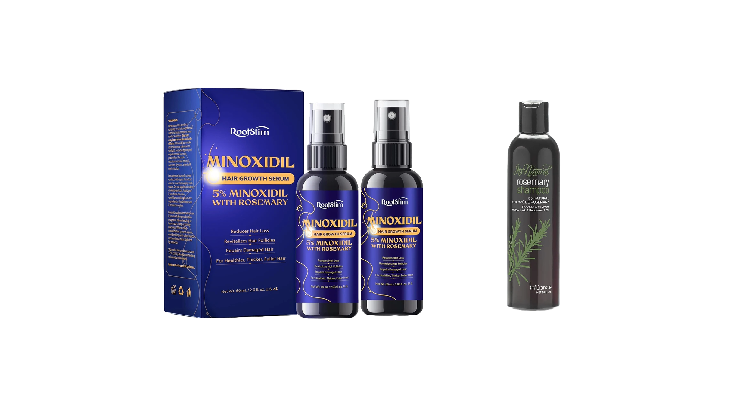 Minoxidil hair care products including a box, two bottles, and a spray bottle on a white background.